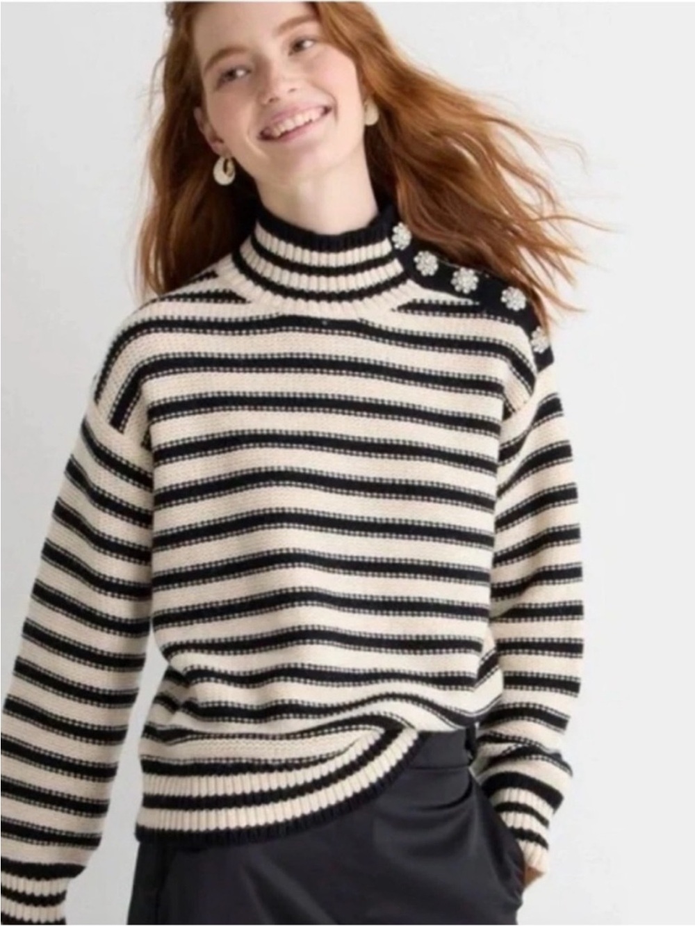 NWT J. CREW Cable-Knit Mockneck Pullover in Stripe with Jewel Buttons 3X